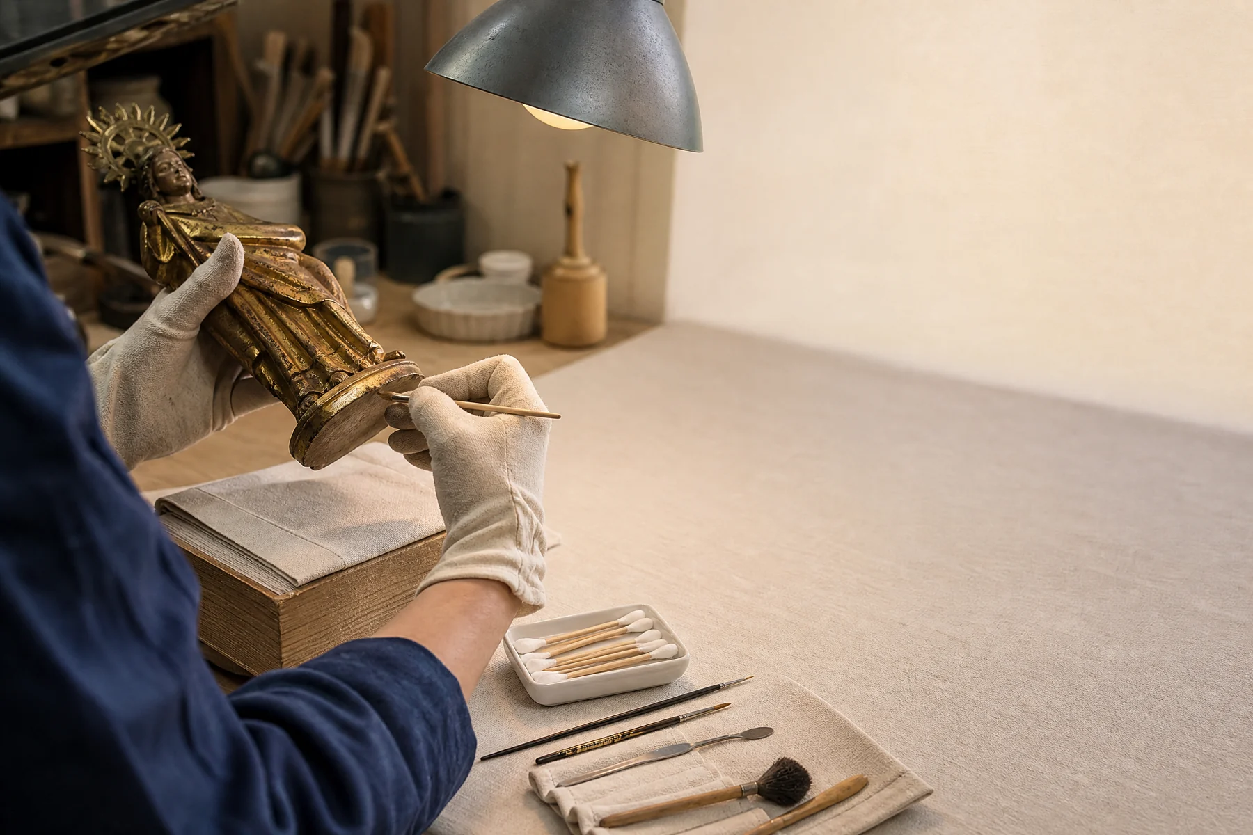 Profesional trabajando en conservación de arte sacro